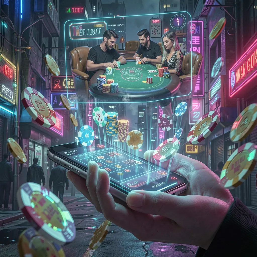 Futuristic smartphone display with holographic casino coins and digital effects showcasing the BC JILI mobile casino app for players in the Philippines