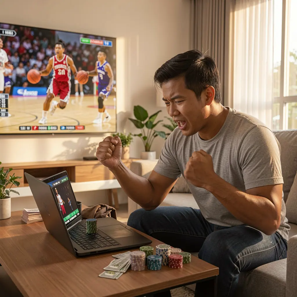 Excited Filipino sports bettor celebrating a winning moment while placing live basketball bets on a laptop with BC JILI in a modern home