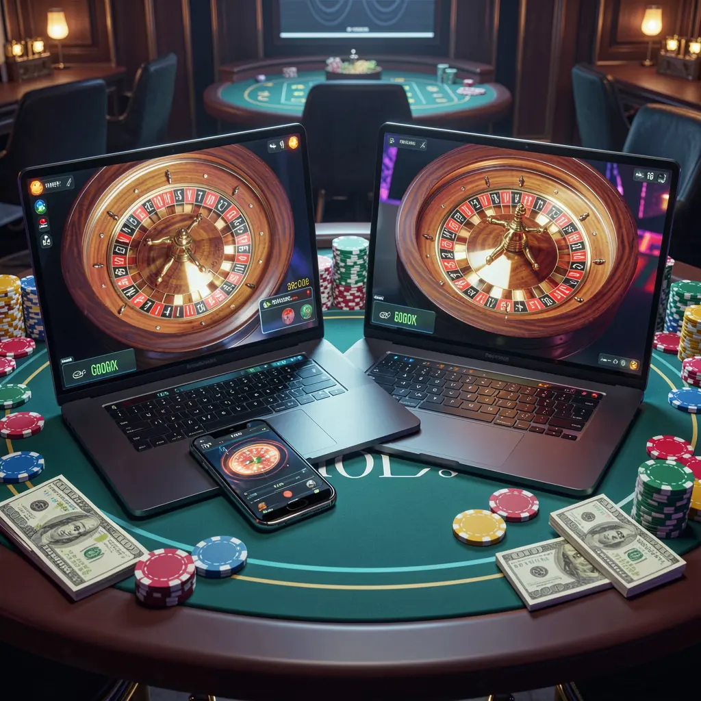 Modern casino gameplay on laptop and smartphone with colorful chips and a glowing roulette interface highlighting BC JILI online casino entertainment in the Philippines