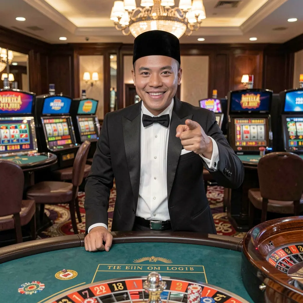 Friendly BC JILI dealer in a traditional casino uniform inviting players to log in with roulette wheels and slot machines behind him